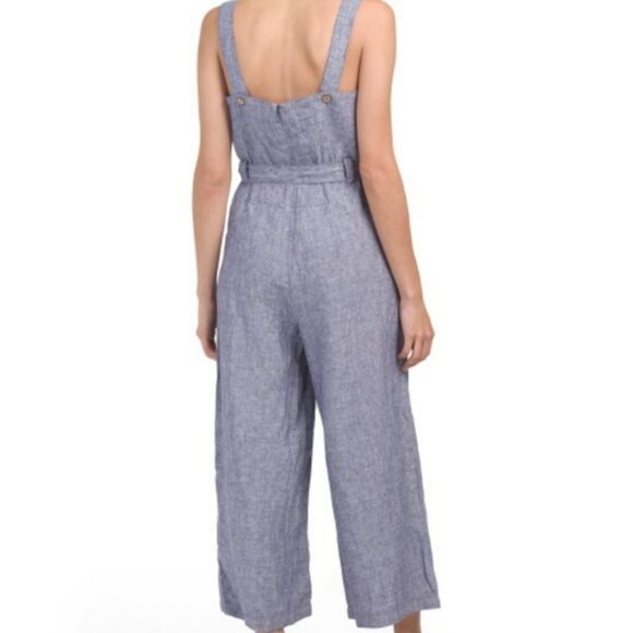 St. Tropez West Jumpsuit Women's 12 Blue Chambray 100% Linen Wide Leg Belted - Picture 2 of 16
